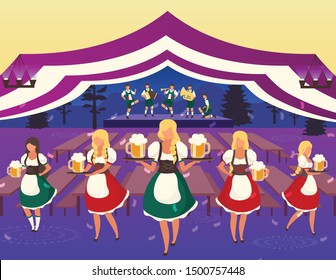 Oktoberfest flat vector illustration. Folk musical performance. Beer Festival. Waiters in national costumes serving drinks. Beer tent. Volksfest, october fest waitress cartoon characters