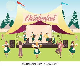 Oktoberfest flat vector illustration. Music and dances. Folk performance in tent. Beer Festival, october fest concert. People in national costumes carry beer and dancing. Volksfest cartoon characters