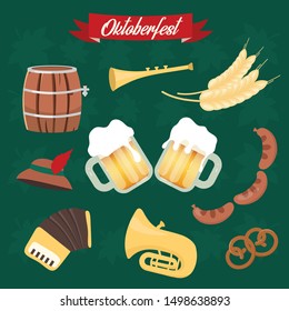 Oktoberfest flat vector illustrations set. Cups of alcohol, food. Barrel and sausages, pretzel stickers. Musical instruments. Beer Festival isolated cartoon graphics