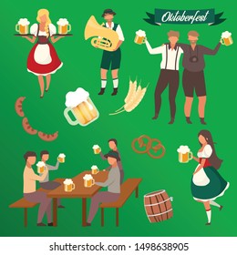 Oktoberfest flat vector illustrations set. Visitors with cups of alcohol. Waiters in national costumes stickers. Barrel and barley. Musician with trumpet. Beer Festival isolated cartoon characters