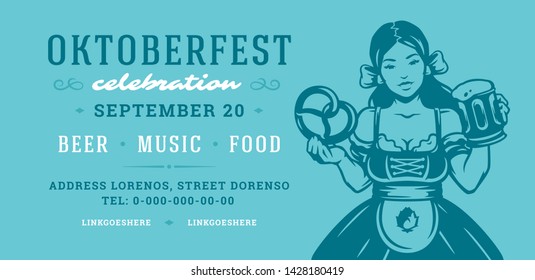 Oktoberfest flyer or banner retro typography vector template design willkommen zum invitation beer fesival celebration. Young german woman holding beer silhouette.