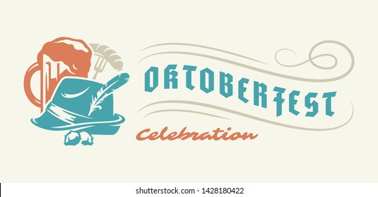 Oktoberfest flyer or banner retro typography vector template willkommen zum invitation beer festival celebration. German hat with beer mug silhouette.