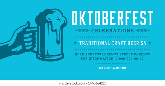 Oktoberfest flyer or banner retro typography template design willkommen zum invitation beer festival celebration. Hand holding beer mug symbol vector illustration.