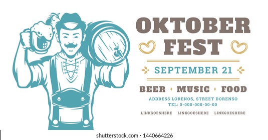 Oktoberfest flyer or banner retro typography template design willkommen zum invitation beer festival celebration. German man holding beer mug and barrel symbol vector illustration.