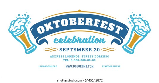 Oktoberfest flyer or banner retro typography template design willkommen zum invitation beer festival celebration. Beer mug symbol with ribbon vector illustration.