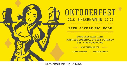 Oktoberfest flyer or banner retro typography template design willkommen zum invitation beer festival celebration. Young german woman holding beer cups symbol vector illustration.