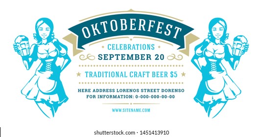 Oktoberfest flyer or banner retro typography template design willkommen zum invitation beer festival celebration. Young german woman holding beer cups symbol vector illustration.