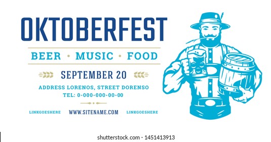 Oktoberfest flyer or banner retro typography template design willkommen zum invitation beer festival celebration. German man holding beer mug and barrel symbol vector illustration.