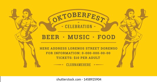 Oktoberfest flyer or banner retro typography template design willkommen zum invitation beer festival celebration. Young german girl holding beer cups symbol vector illustration.