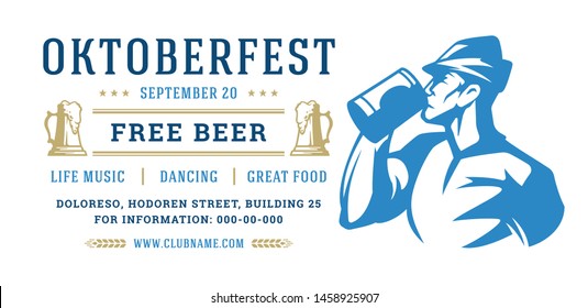 Oktoberfest flyer or banner retro typography template design willkommen zum invitation beer festival celebration. German man drinking beer from mug symbol vector illustration.