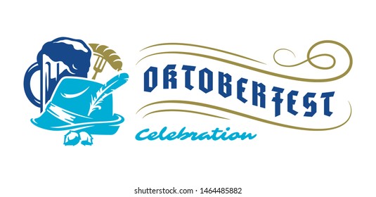 Oktoberfest flyer or banner retro typography template beer festival celebration vector illustration. Germany hat with beer mug symbol and ornament swirls.