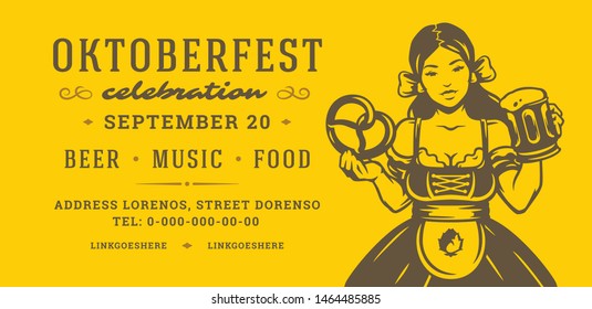 Oktoberfest flyer or banner retro typography template design willkommen zum invitation beer festival celebration vector illustration. Young german woman holding beer symbol.