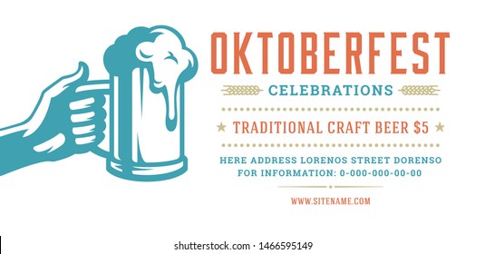 Oktoberfest flyer or banner retro typography template design willkommen zum invitation beer festival celebration. Hand holding beer mug symbol vector illustration.