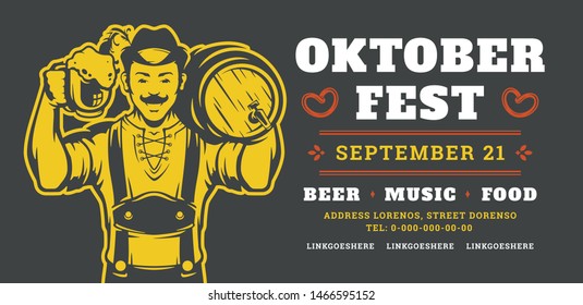 Oktoberfest flyer or banner retro typography template design willkommen zum invitation beer festival celebration. German man holding beer mug and barrel symbol vector illustration.