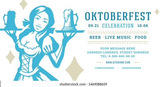 Oktoberfest flyer or banner retro typography template design willkommen zum invitation beer festival celebration. Young german oktoberfest girl holding beer cups symbol vector illustration.