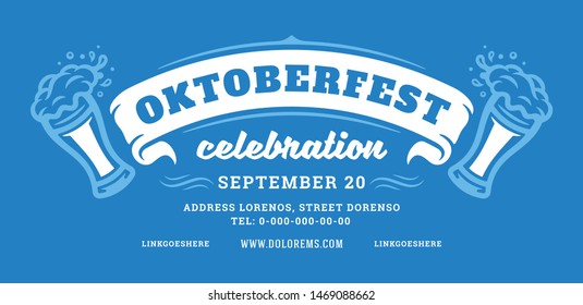 Oktoberfest flyer or banner retro typography template design willkommen zum invitation beer festival celebration. Beer mug symbol with ribbon vector illustration.