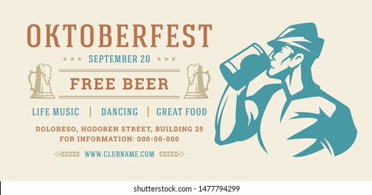 Oktoberfest flyer or banner retro typography template design willkommen zum invitation beer festival celebration. Germany oktoberfest man drinking beer from mug symbol vector illustration.