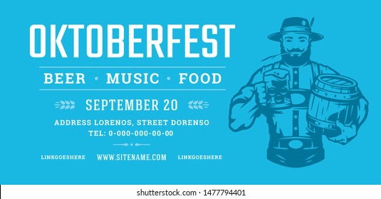 Oktoberfest flyer or banner retro typography template design willkommen zum invitation beer festival celebration. Germany oktoberfest man holding beer mug and barrel symbol vector illustration.