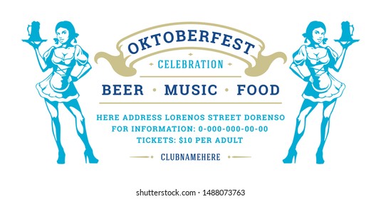 Oktoberfest flyer or banner retro typography template design willkommen zum invitation beer festival celebration. Young german oktoberfest girls holding beer cups symbol vector illustration.