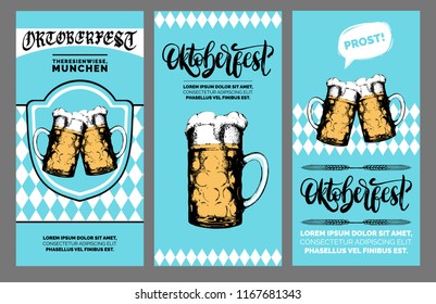 Oktoberfest flyer. Beer festival poster with vector handwritten font. Brewery label or badge with drawn glass mugs.