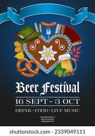 Oktoberfest Flyer mit herzförmigen Lebkuchen mit Bierbechern, Brezel und anderen Elementen. Bierfestivals im Oktober