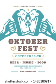 Oktoberfest flyer or poster retro typography vector template design willkommen zum invitation beer festival celebration. Two hands holding beer silhouette.