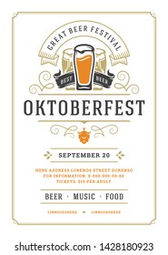 Oktoberfest flyer or poster retro typography vector template design willkommen zum invitation beer festival celebration. Beer mugs with ornaments silhouettes.