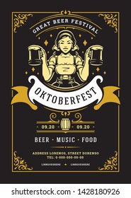 Folleto de Oktoberfest o póster tipografía retro diseño de plantilla vectorial de saukommen invitación a la cerveza celebración del festival. Joven alemana sosteniendo silueta de cerveza.