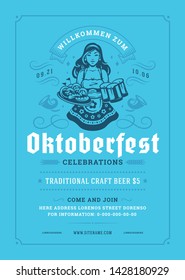 Oktoberfest flyer or poster retro typography vector template design willkommen zum invitation beer festival celebration. Young german woman holding beer silhouette.