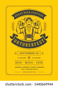 Oktoberfest flyer or poster retro typography template design willkommen zum invitation beer festival celebration vector illustration. German man holding beer mug symbol.