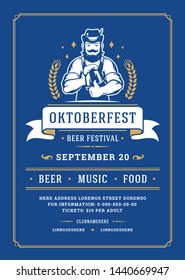 Oktoberfest flyer or poster retro typography vector template design willkommen zum invitation beer festival celebration vector illustration. German man holding beer mug symbol.