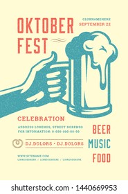 Oktoberfest flyer or poster retro typography template design willkommen zum invitation beer festival celebration vector illustration. Hand holding beer mug symbol.