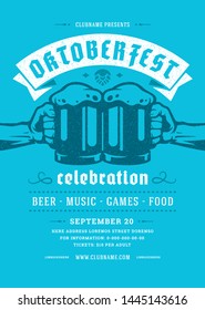 Oktoberfest flyer or poster retro typography template design willkommen zum invitation beer festival celebration vector illustration. Two hands holding beer mug symbol.