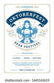 Oktoberfest flyer or poster retro typography template design willkommen zum invitation beer festival celebration vector illustration. Young german woman holding beer silhouette.