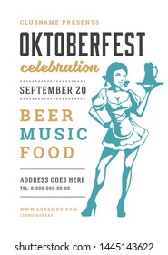 Oktoberfest flyer or poster retro typography template design willkommen zum invitation beer festival celebration vector illustration. Young german woman holding beer silhouette.