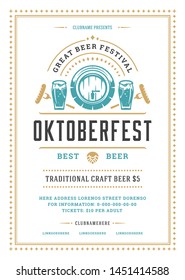 Oktoberfest flyer or poster retro typography template design willkommen zum invitation beer festival celebration vector illustration. Beer mug and barrel symbol with decoration.