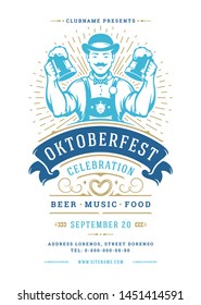 Oktoberfest flyer or poster retro typography template design willkommen zum invitation beer festival celebration vector illustration. German man holding beer mug symbol.