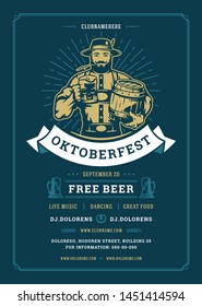 Oktoberfest flyer or poster retro typography template design willkommen zum invitation beer festival celebration vector illustration. German man holding beer mug symbol.