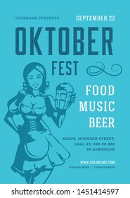 Oktoberfest flyer or poster retro typography template design willkommen zum invitation beer festival celebration vector illustration. Young german woman holding beer silhouette.