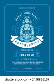 Oktoberfest flyer or poster retro typography template design willkommen zum invitation beer festival celebration vector illustration. Young german woman holding beer symbol.