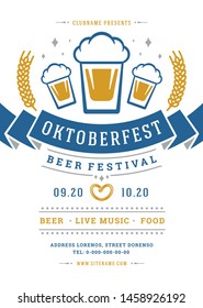 Oktoberfest flyer or poster retro typography template design willkommen zum invitation beer festival celebration vector illustration. Beer mug symbol with decoration.