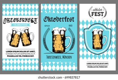 Folheto do Oktoberfest. Cartaz do festival de cerveja vetorial. Etiqueta de cervejaria ou crachá com caneca de vidro desenhada à mão vintage.