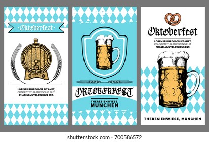 Folheto do Oktoberfest. Cartaz do festival de cerveja vetorial. Etiqueta de cervejaria ou crachá com caneca de vidro desenhada à mão vintage e barril.