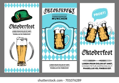 Volante del Oktoberfest. Cartel del festival de cerveza vectorial con caligrafía gótica. Sello de cervecería o placa con tazas de vidrio pintadas a mano vintage y sombrero bávaro. 