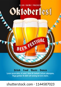 Oktoberfest flyer vector. Munich beer festival poster design. Group of full glass beer illustration with bavaria flag pattern and germany flag background. Banner, label, invitation template.