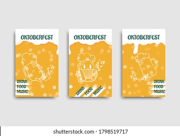 Oktoberfest flyers or banners set design templates vector illustration. Oktoberfest invitations beer festival celebration with beer cartoon playing music.