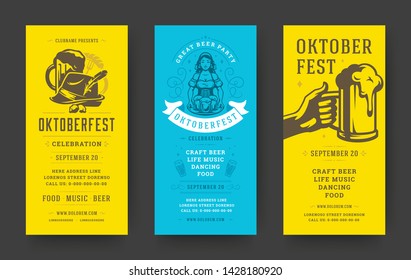 Oktoberfest flyers or banners set vintage typographic design vector templates. Willkommen zum invitations beer festival celebration with objects.