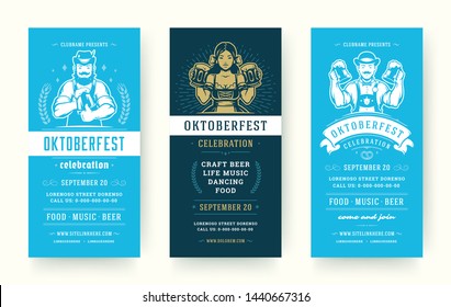 Oktoberfest flyers or banners set vintage typographic design templates vector illustration. Willkommen zum invitations beer festival celebration with symbols and decoration.