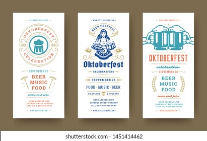 Oktoberfest flyers or banners set vintage typographic design templates vector illustration. Willkommen zum invitations beer festival celebration with symbols and decoration.