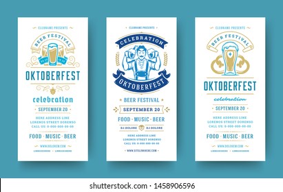 Oktoberfest flyers or banners set vintage typographic design templates vector illustration. Willkommen zum invitations beer festival celebration with symbols and decoration.